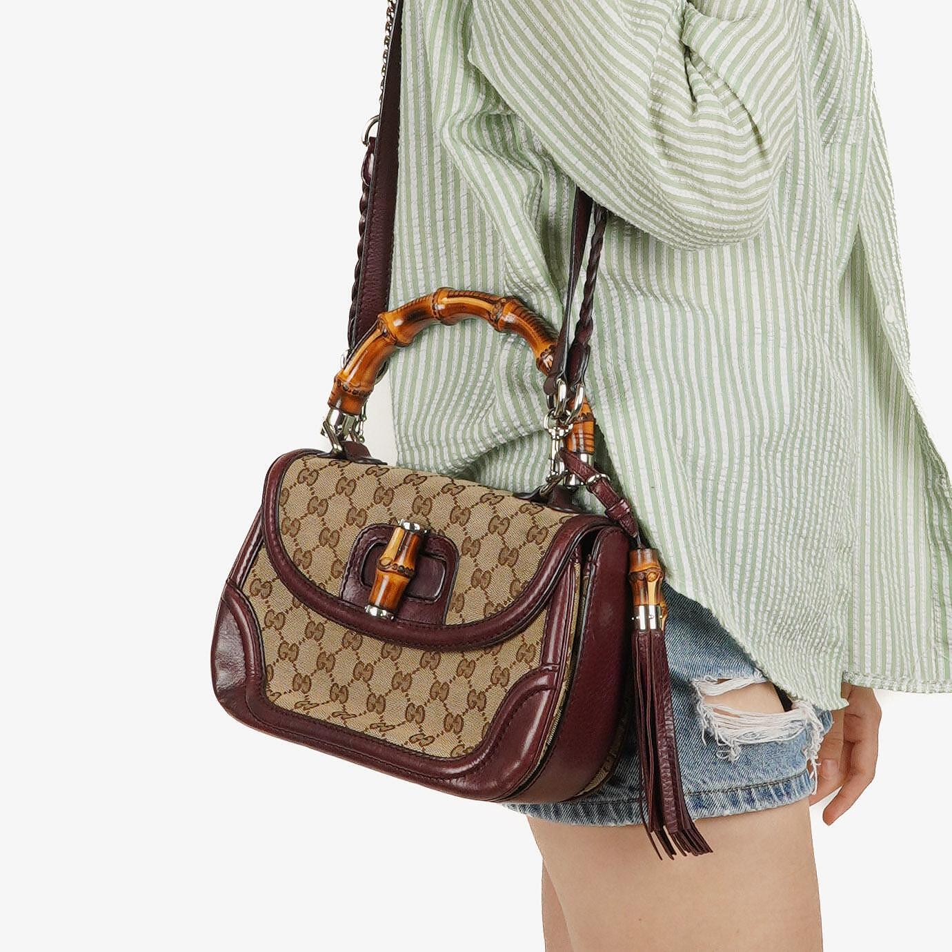 Gucci Brown GG Canvas Medium New Convertible Bamboo Top Handle Bag