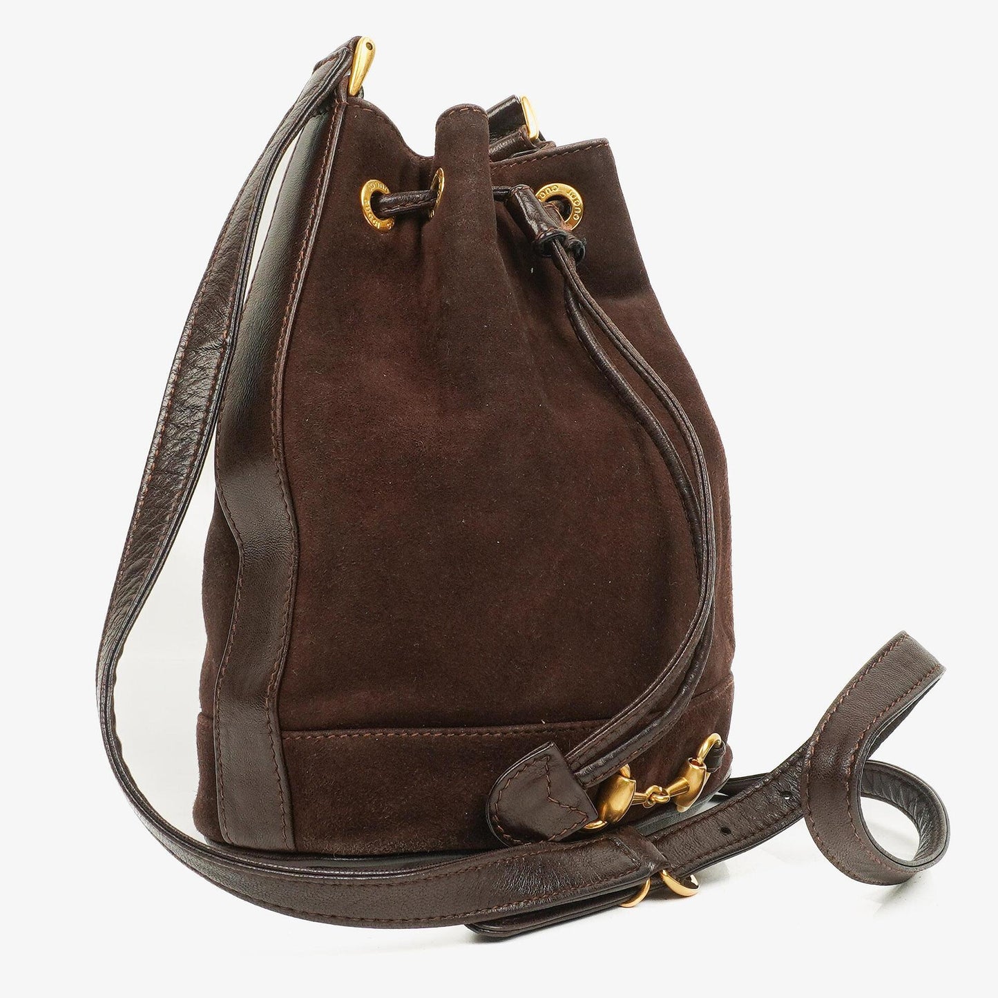 Gucci Brown Leather And Suede Horsebit Chain Drawstring Bucket Bag