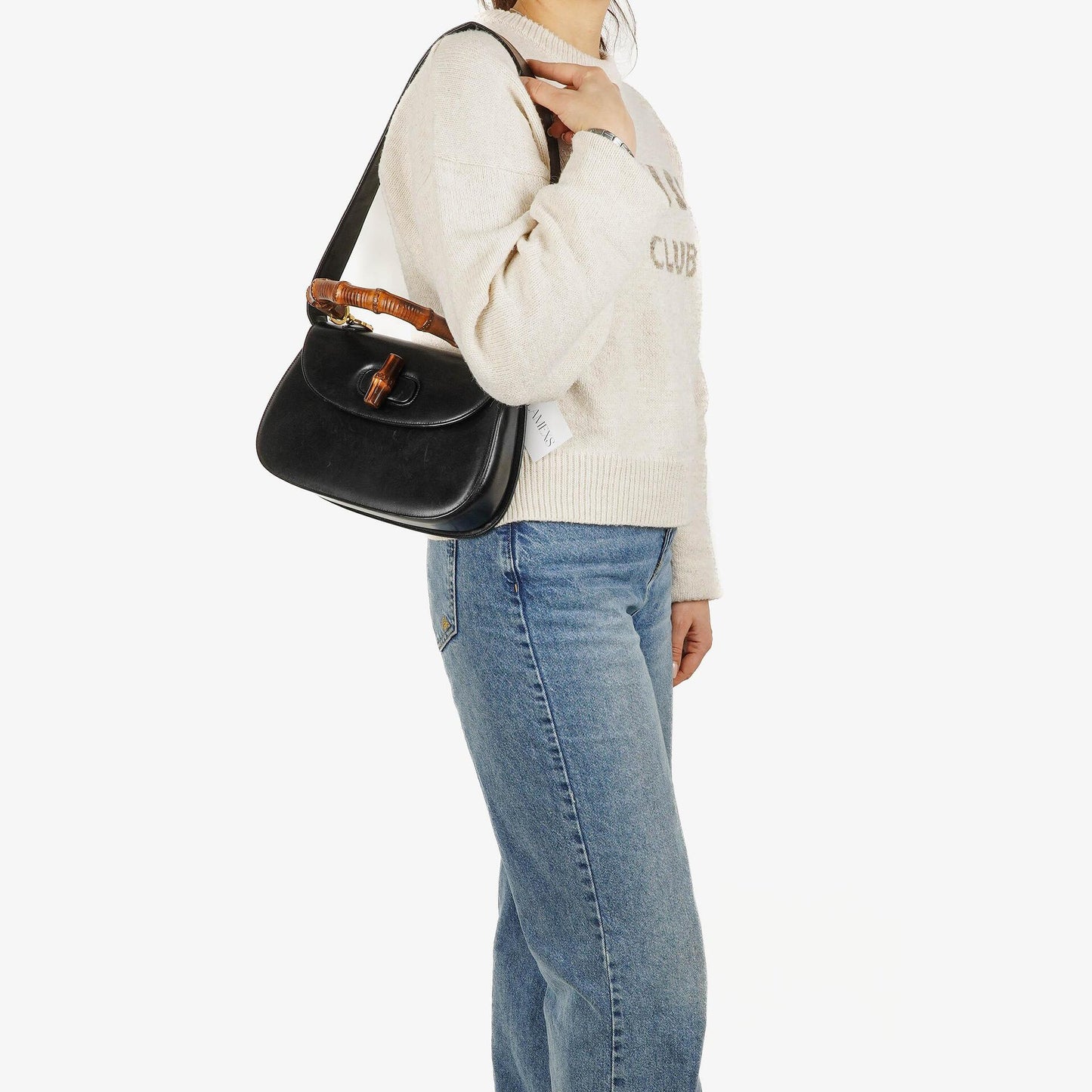 Gucci Convertible Bamboo Top Handle Black Leather Bag