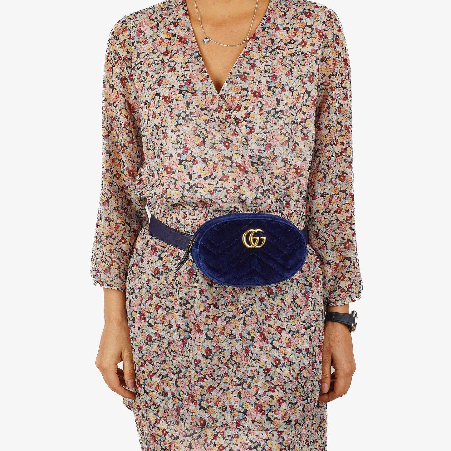 Gucci GG Marmont Matelasse Cobalt Blue Velvet Belt Bag 85 34