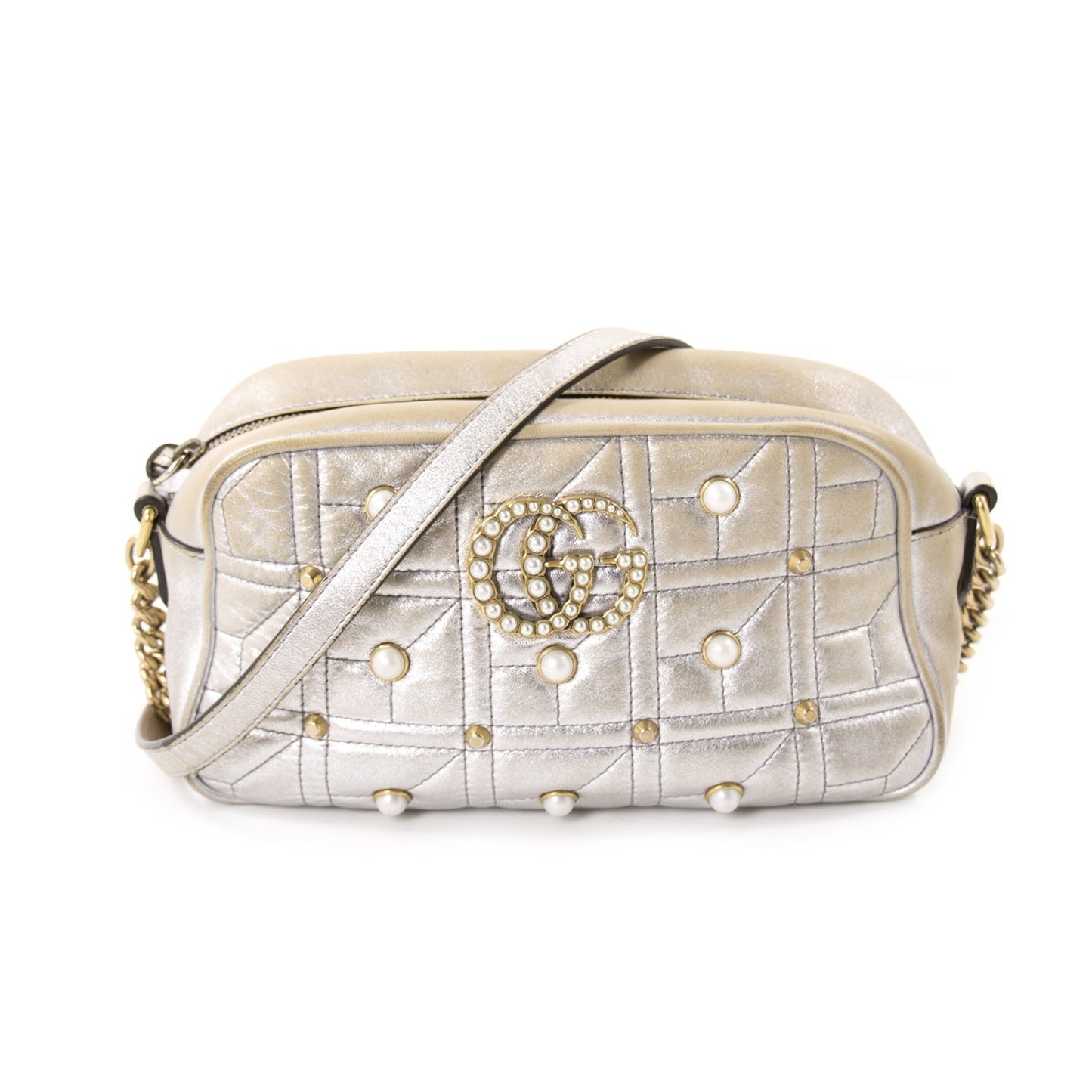 Gucci GG Marmont Silver Leather Metallic Shoulder Bag