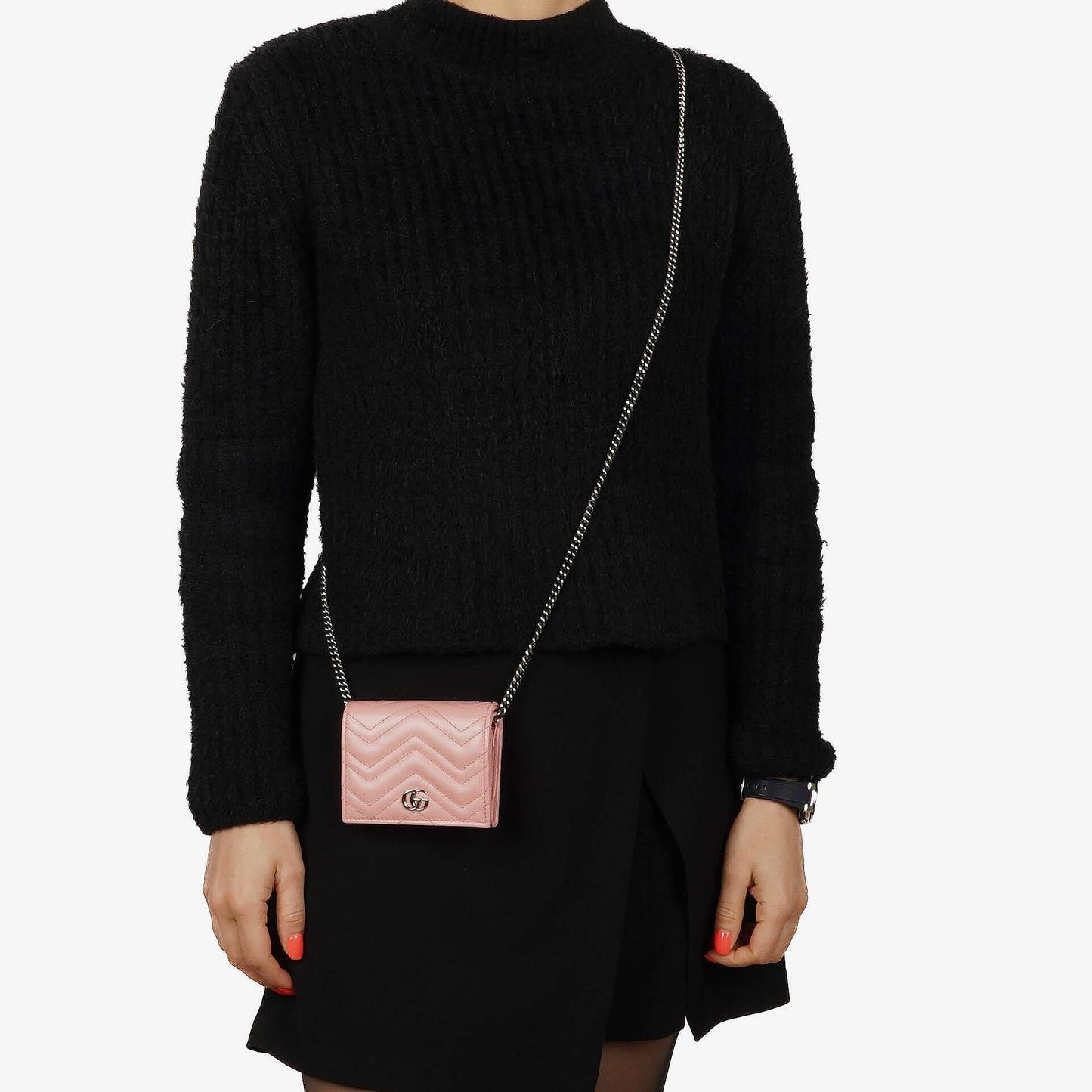 Gucci GG Marmont Small Wallet on Chain Pink Leather Silver-Tone Hardware