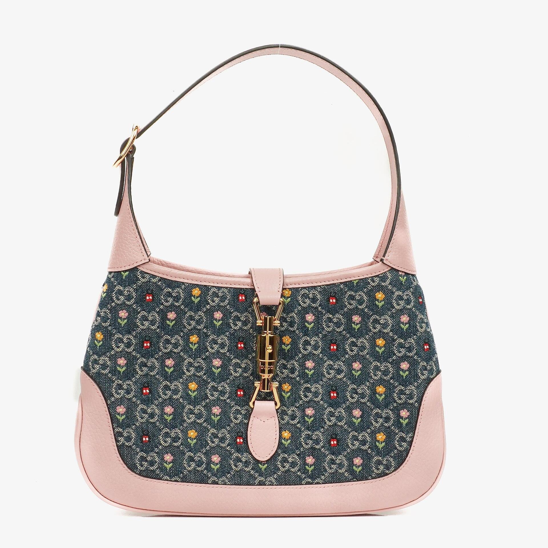 Gucci Jackie 1961 Limited Edition Pink/Blue Leather/Denim GG Floral Small Shoulder Bag