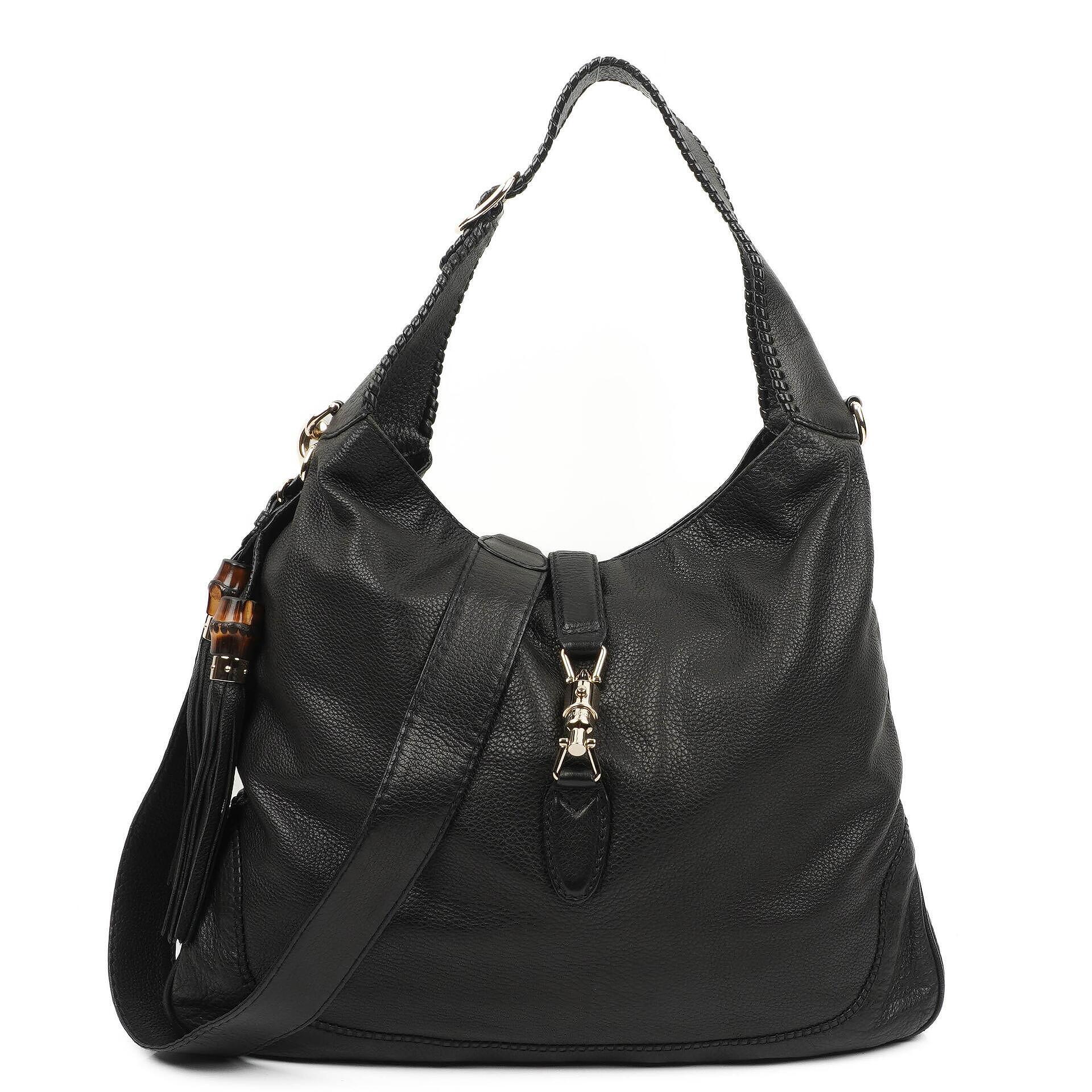 Gucci Jackie Black Leather Bamboo Tassel Large Hobo Bag