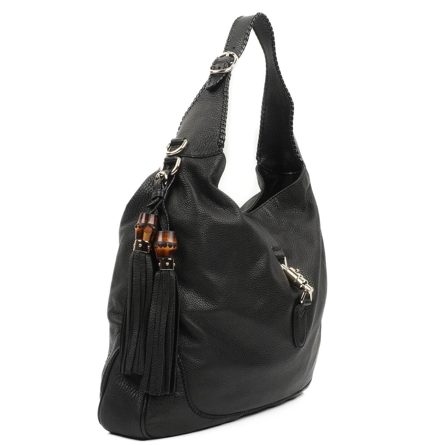 Gucci Jackie Black Leather Bamboo Tassel Large Hobo Bag