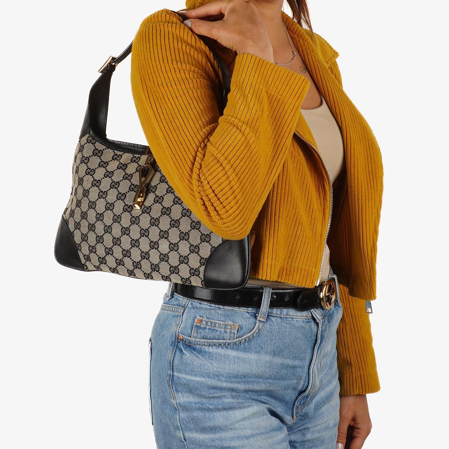Gucci Jackie Medium Vintage Bag Black GG Canvas And Leather