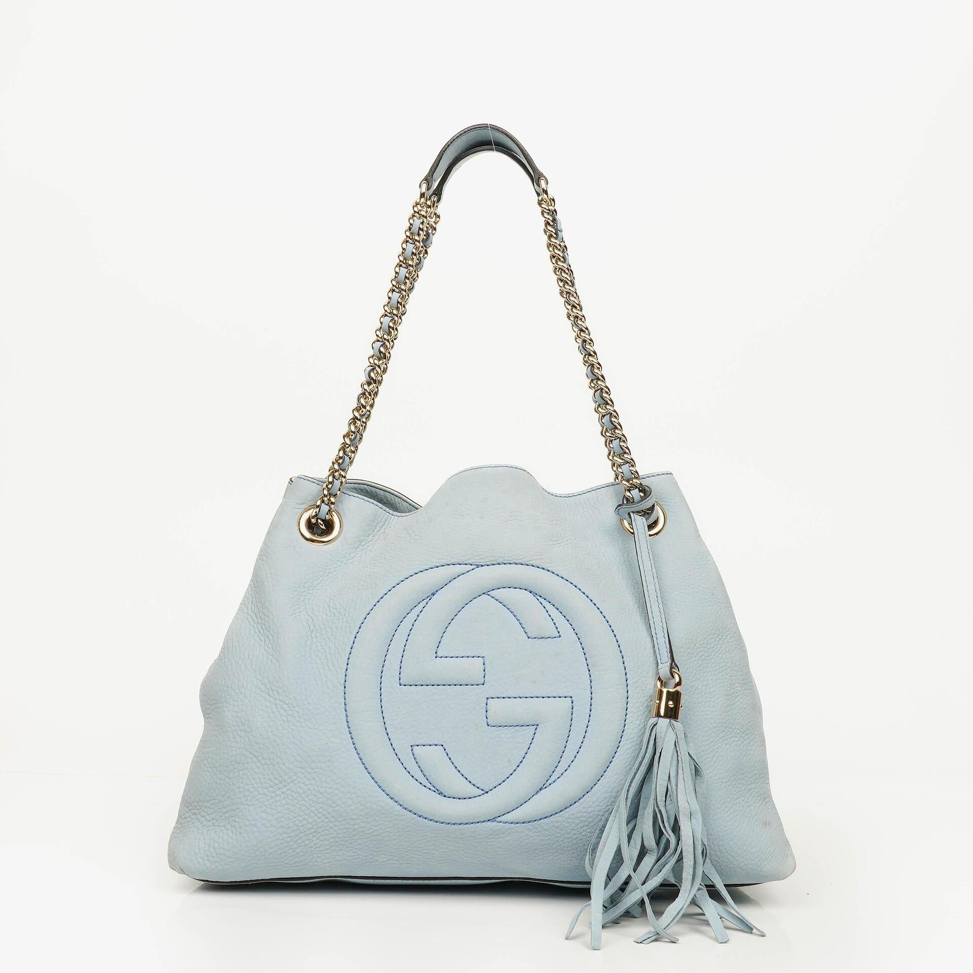 Gucci Light Blue Pebbled Leather Soho Top Handle Tote Bag