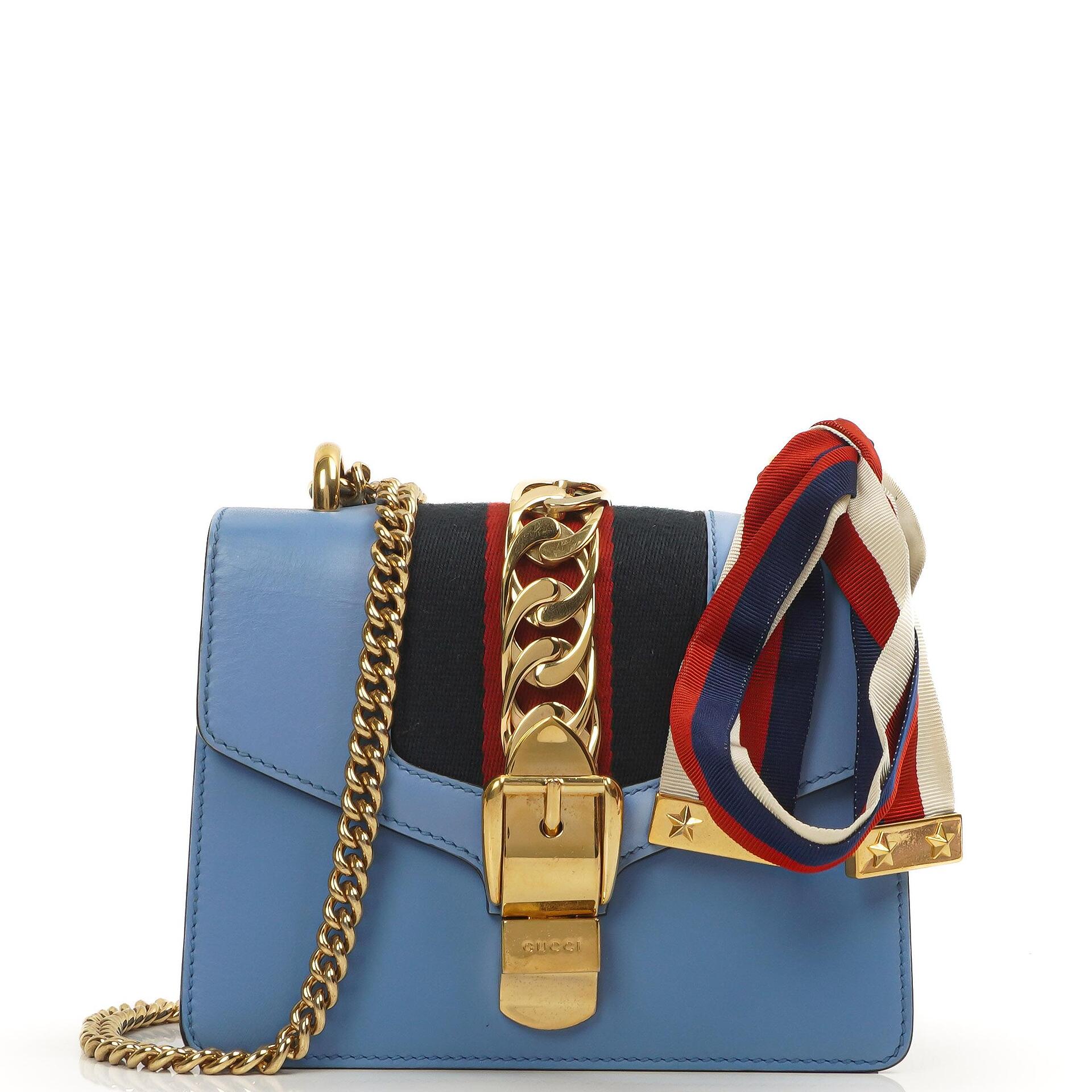 Gucci Mini Sylvie Flap Chain Bag Web Stripe Clear Sky Blue Calfskin