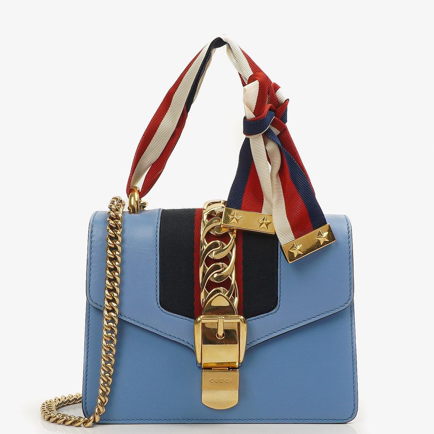 Gucci Mini Sylvie Flap Chain Bag Web Stripe Clear Sky Blue Calfskin