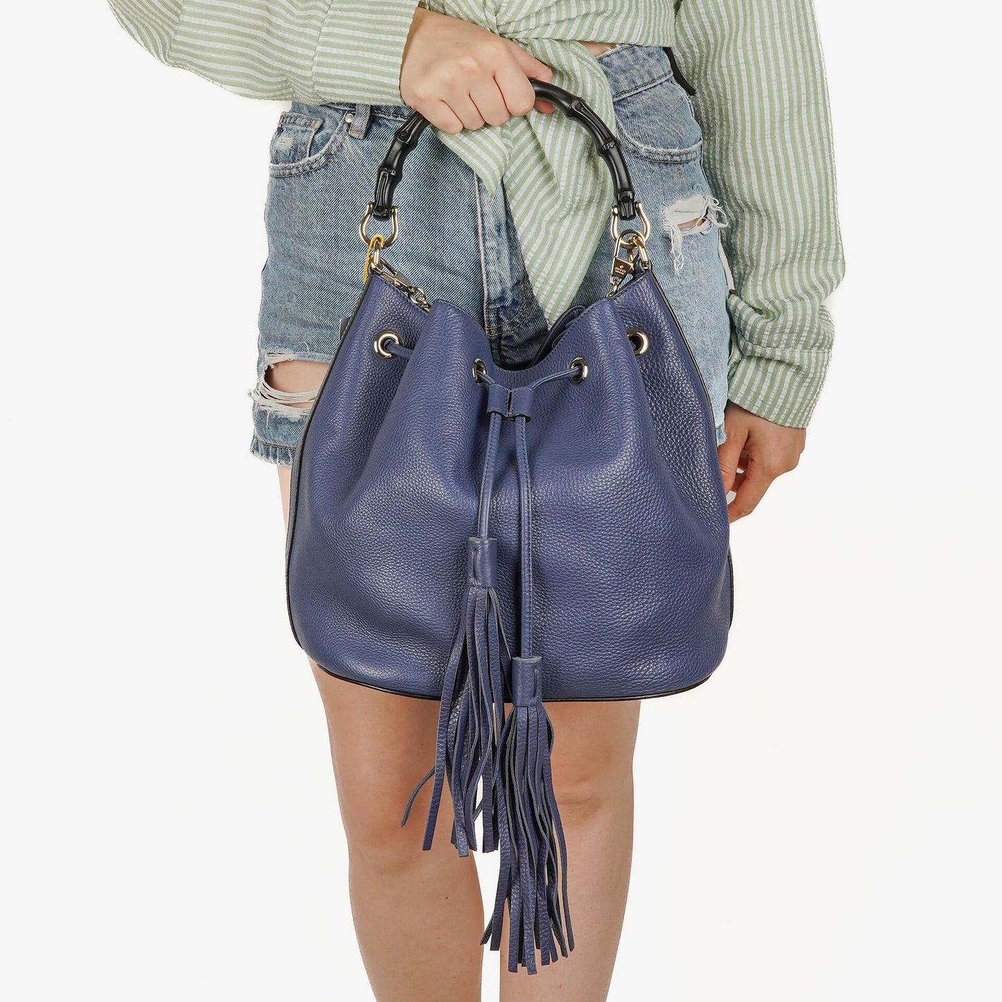 Gucci Miss Bamboo Pebbled Blue Calfskin Bucket Bag