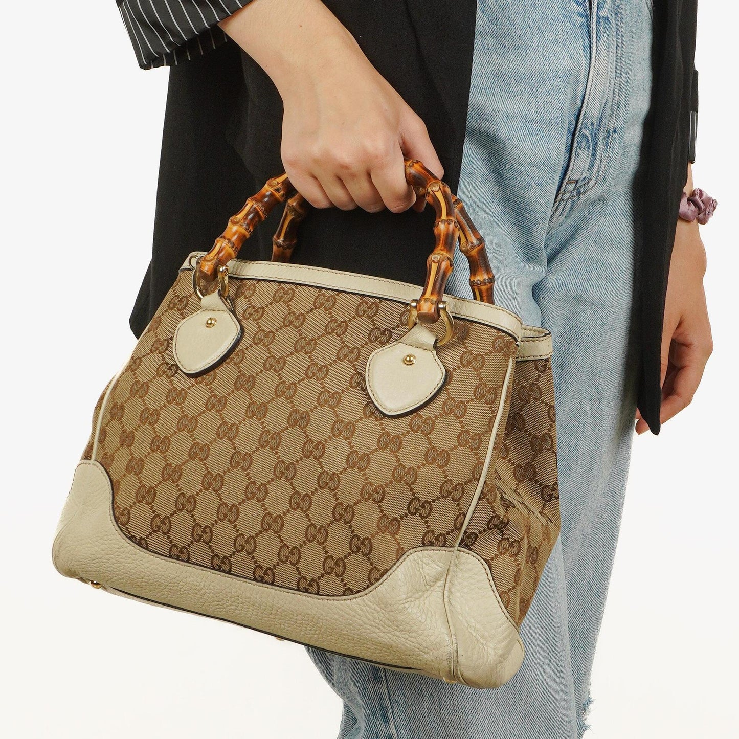 Gucci Monogram Canvas Ivory Diana Bamboo Top Handle Tote