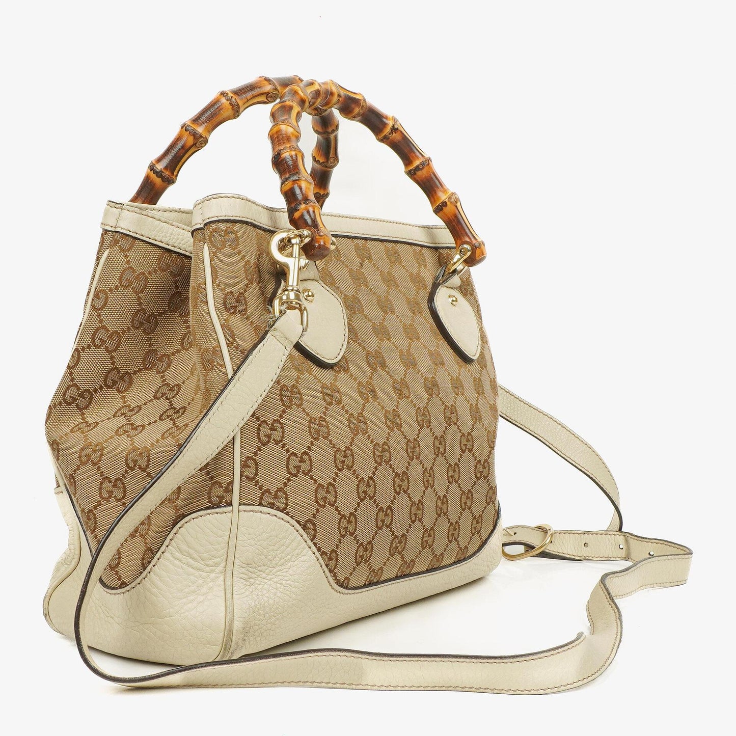 Gucci Monogram Canvas Ivory Diana Bamboo Top Handle Tote