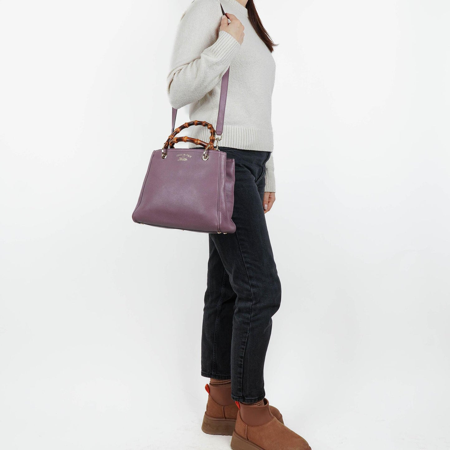 Gucci Purple Pebbled Calfskin Mini Bamboo Tote Bag
