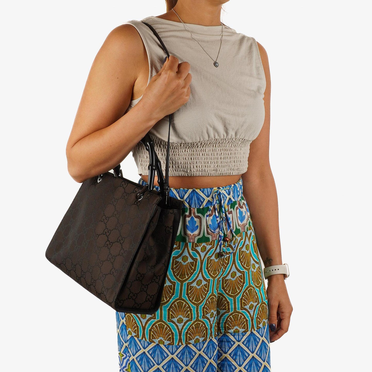 Gucci Vintage Bamboo Brown GG Canvas Tote Bag