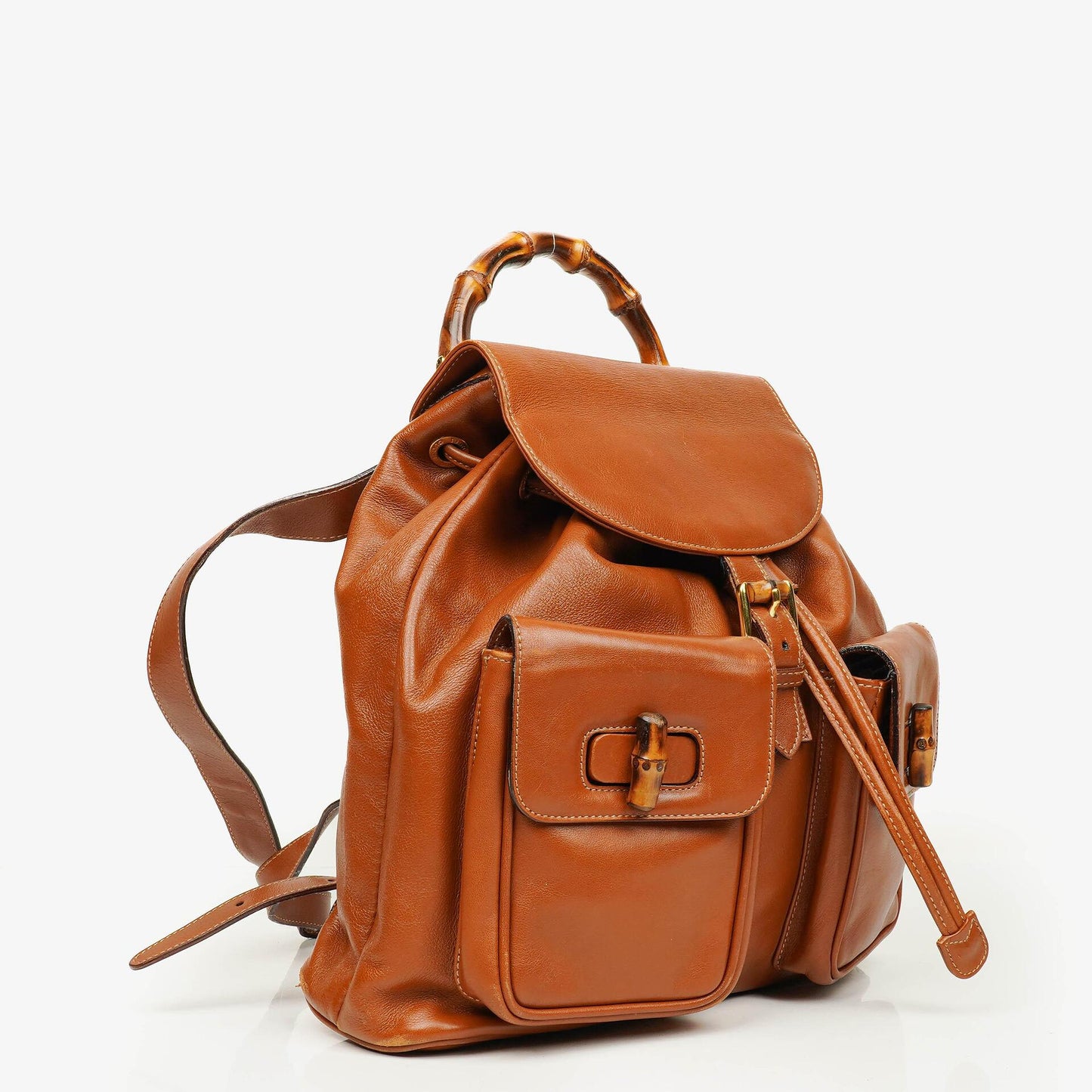 Gucci Vintage Brown Leather Bamboo Backpack