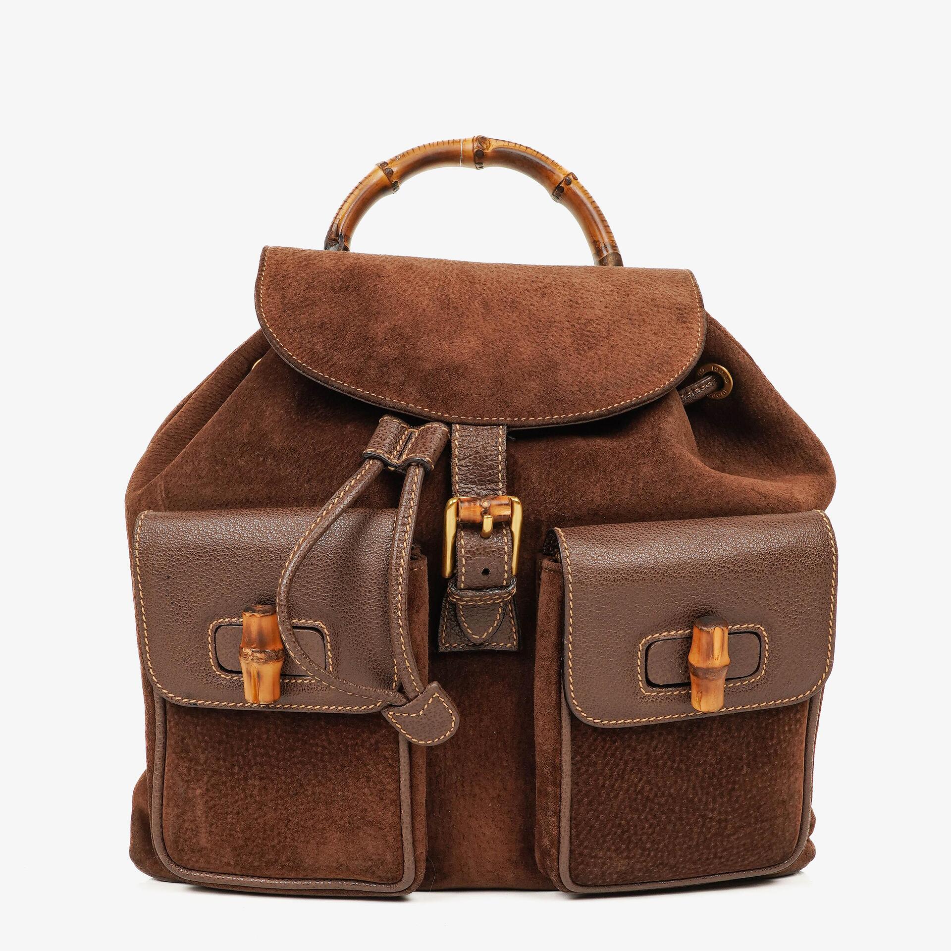 Gucci Vintage Brown Suede Leather Bamboo Backpack