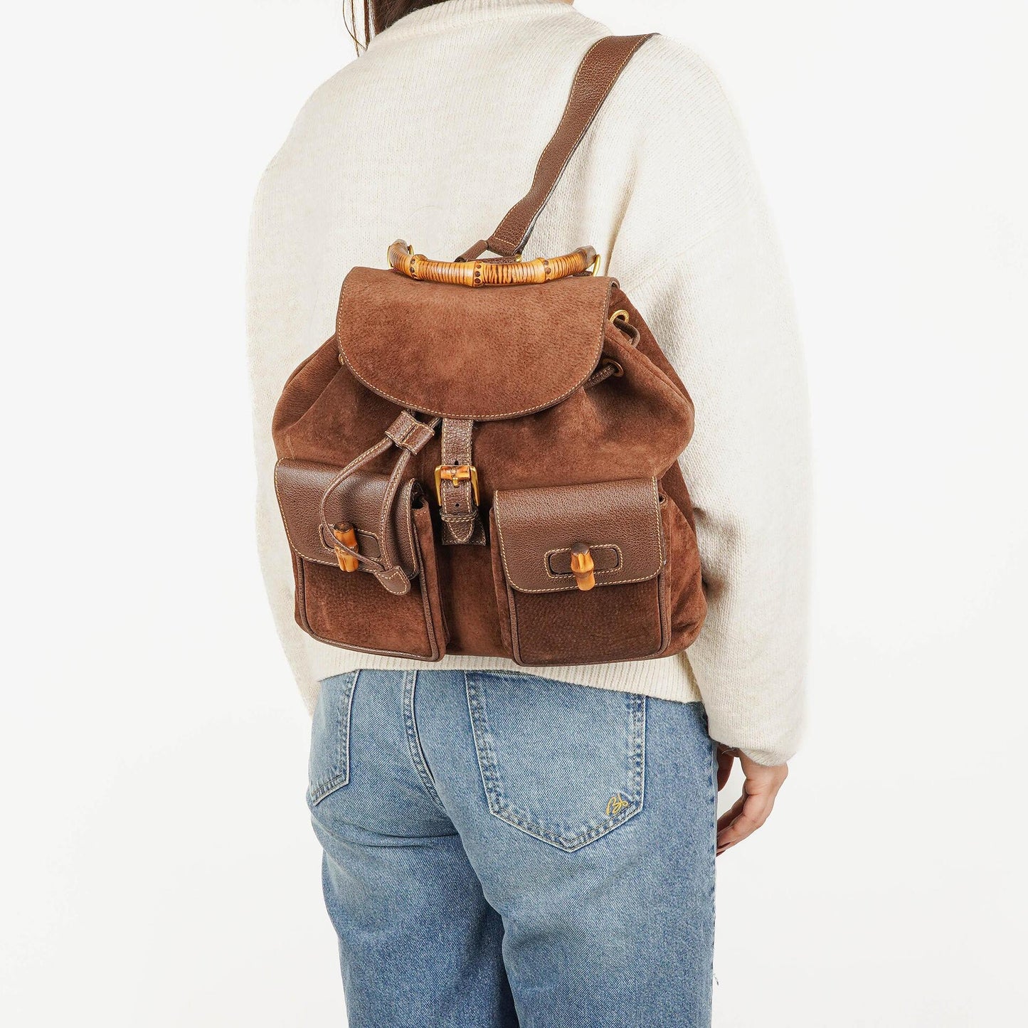 Gucci Vintage Brown Suede Leather Bamboo Backpack