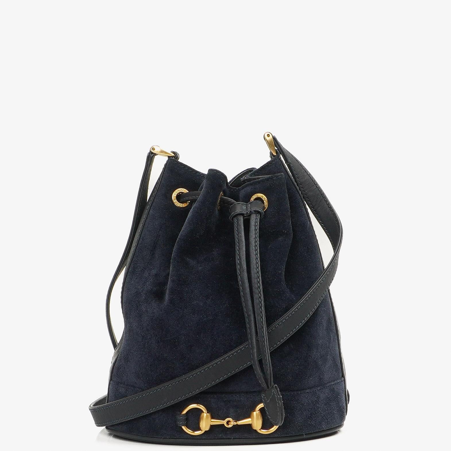 Gucci Vintage Horsebit Navy Suede And Leather Drawstring Bucket Bag