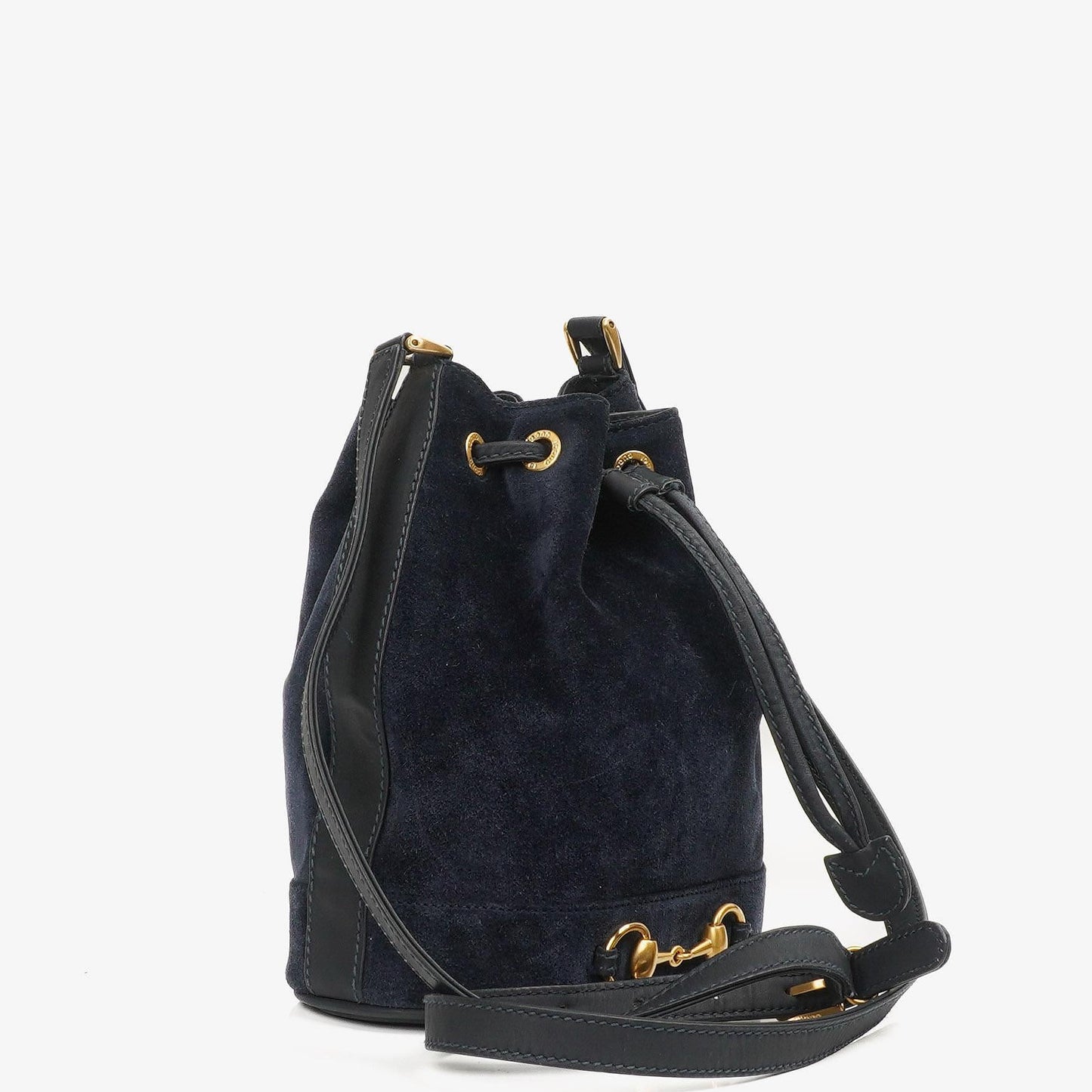 Gucci Vintage Horsebit Navy Suede And Leather Drawstring Bucket Bag