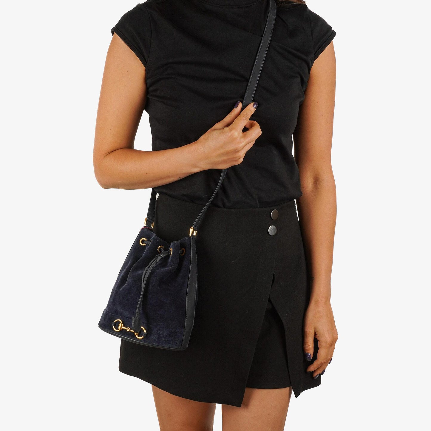 Gucci Vintage Horsebit Navy Suede And Leather Drawstring Bucket Bag