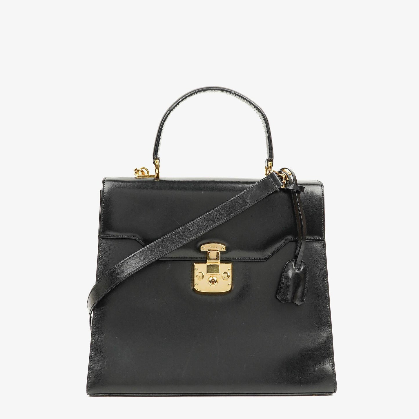 Gucci Vintage Kelly Lady Lock Convertible Top Handle Black Leather Shoulder Bag