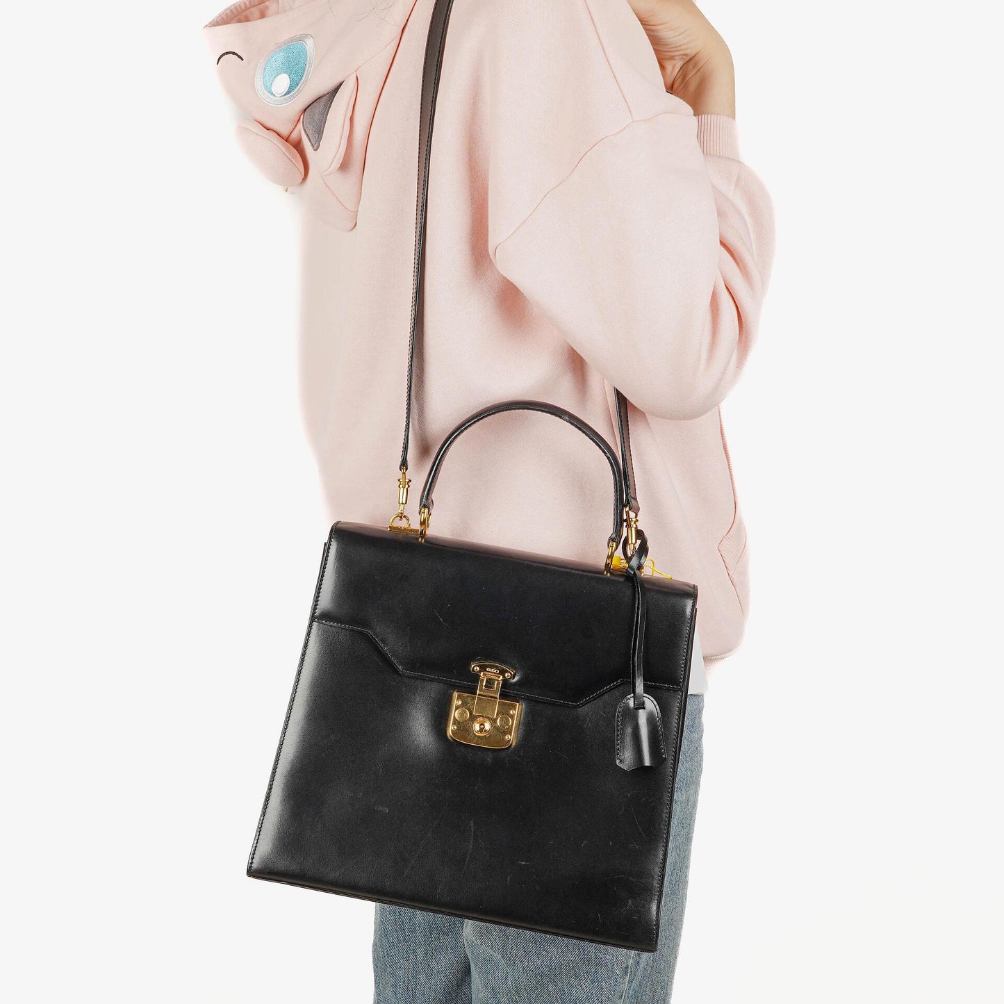 Gucci Vintage Kelly Lady Lock Convertible Top Handle Black Leather Shoulder Bag