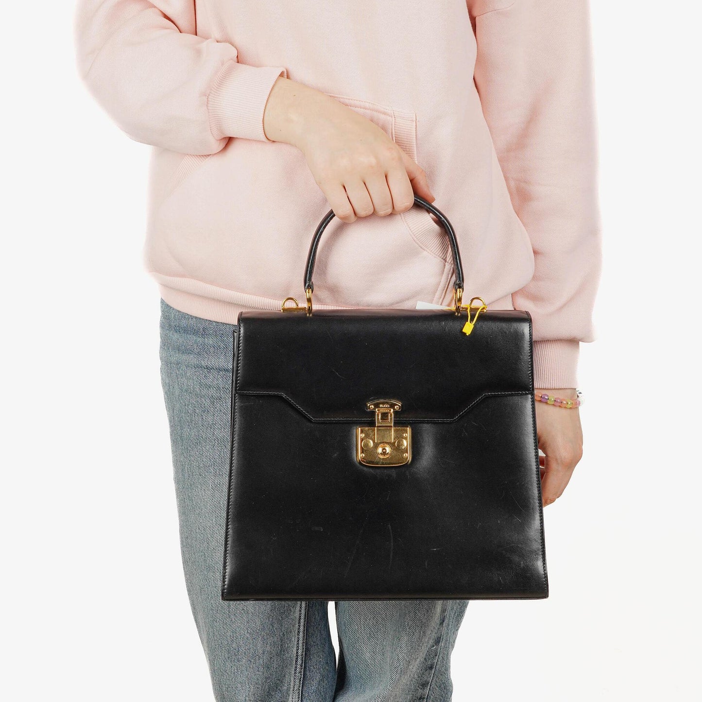 Gucci Vintage Kelly Lady Lock Convertible Top Handle Black Leather Shoulder Bag