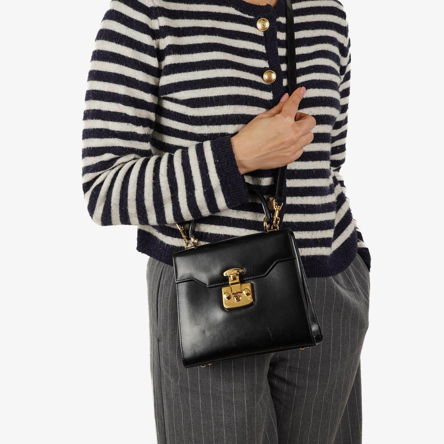 Gucci Vintage Kelly Lady Lock Convertible Black Leather Shoulder Bag