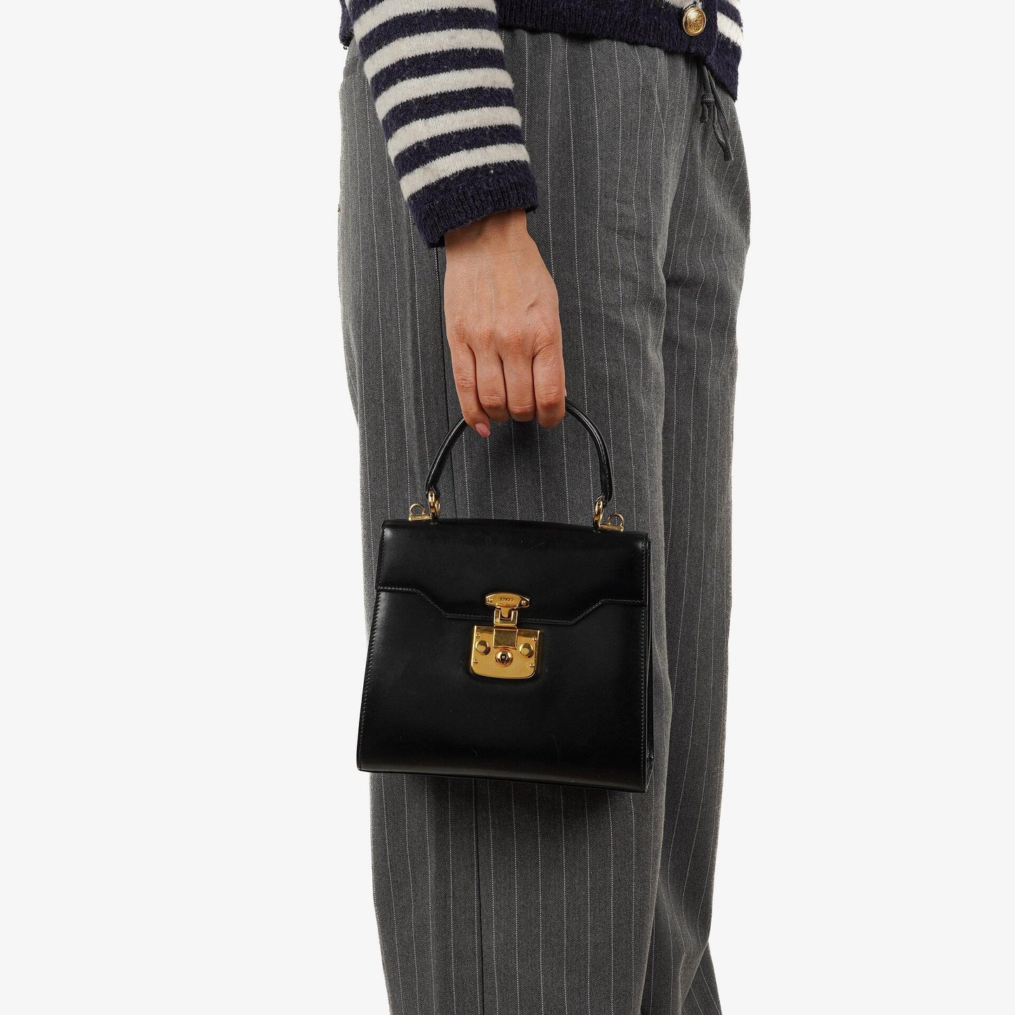 Gucci Vintage Kelly Lady Lock Convertible Black Leather Shoulder Bag