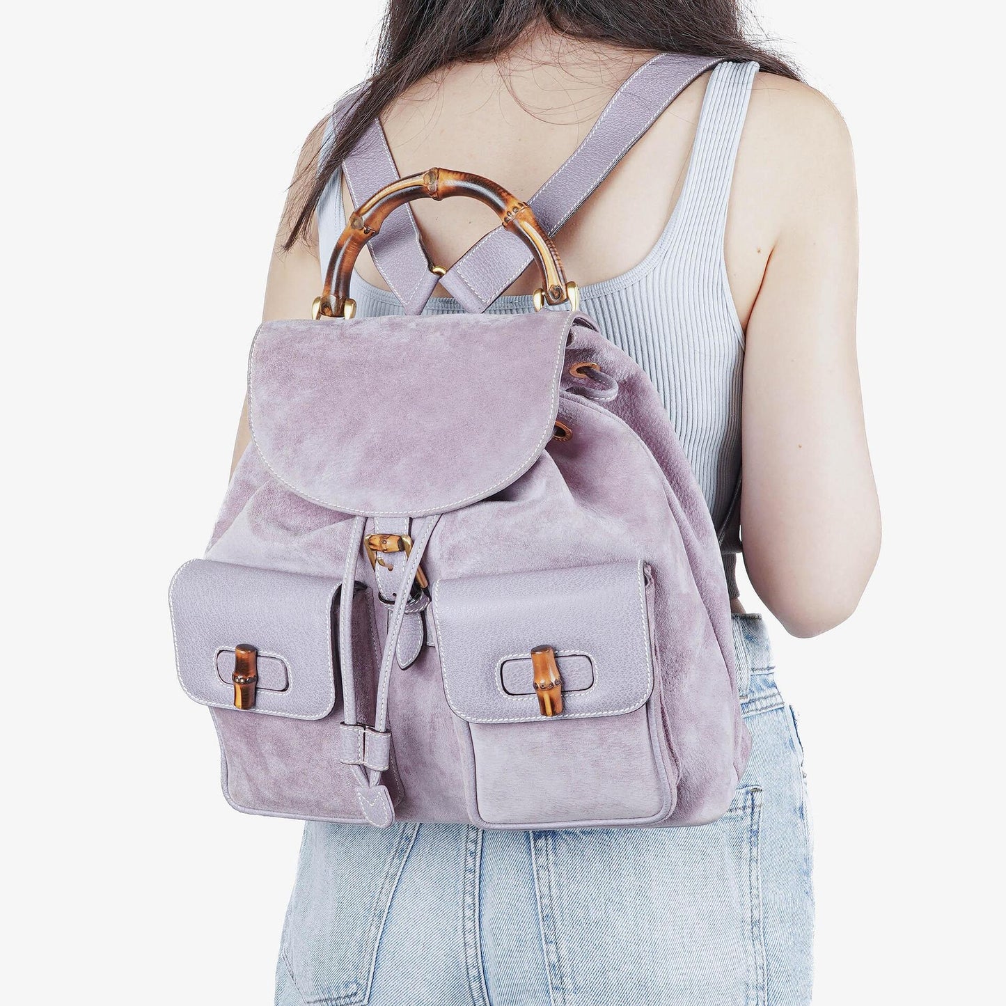 Gucci Vintage Purple Suede Leather Bamboo Backpack