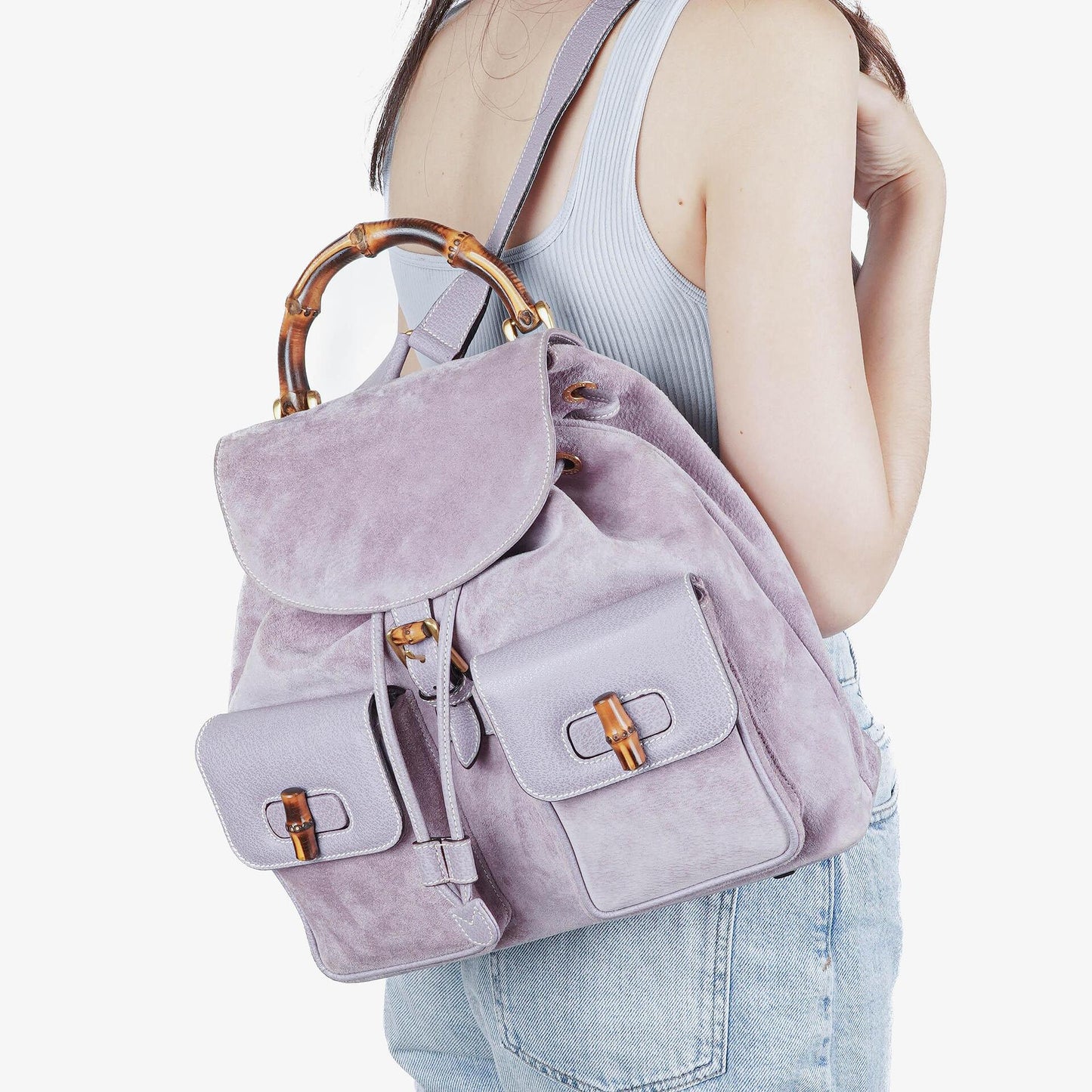 Gucci Vintage Purple Suede Leather Bamboo Backpack