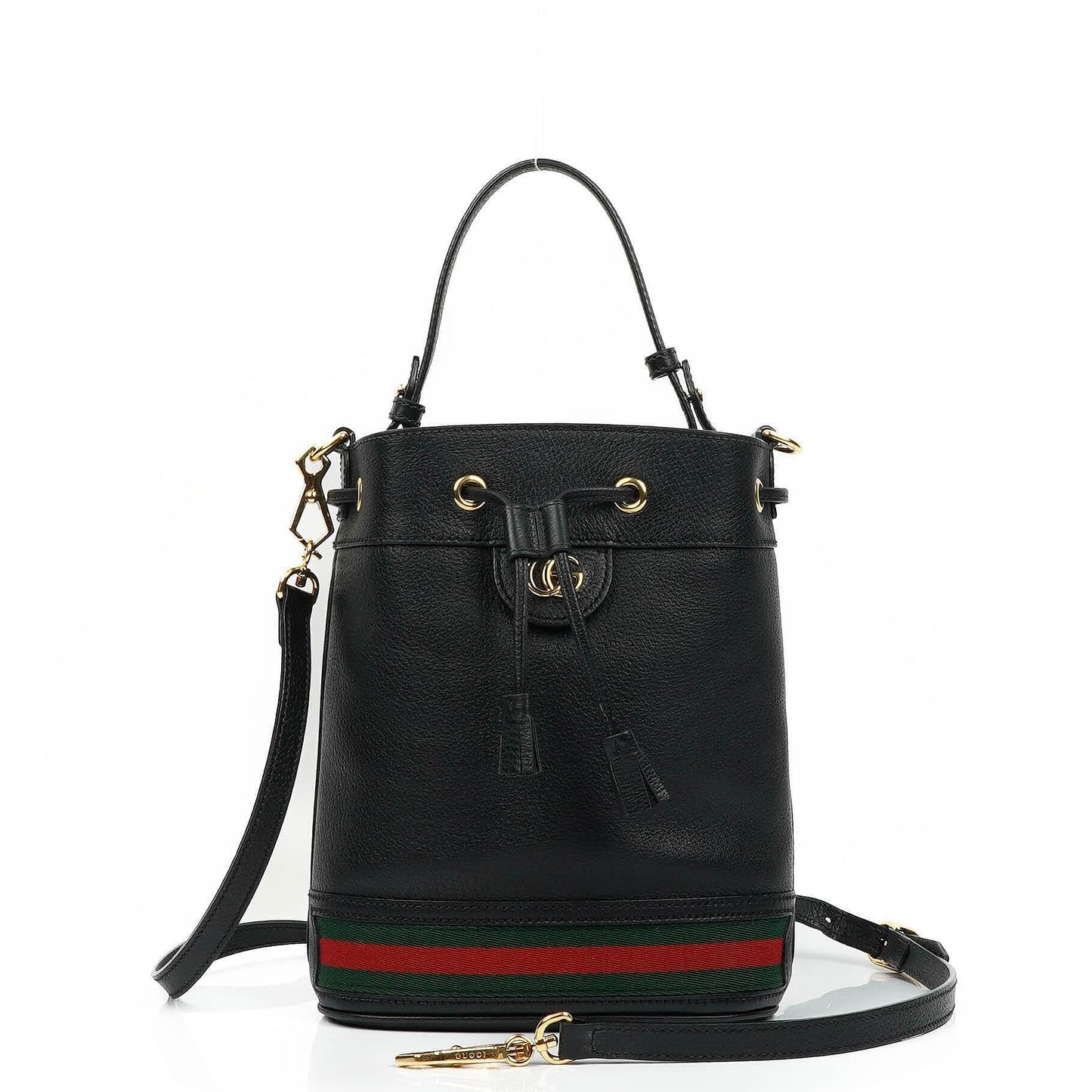Gucci Web Ophidia Bucket Bag Small In Black Glazed Textured Calfskin