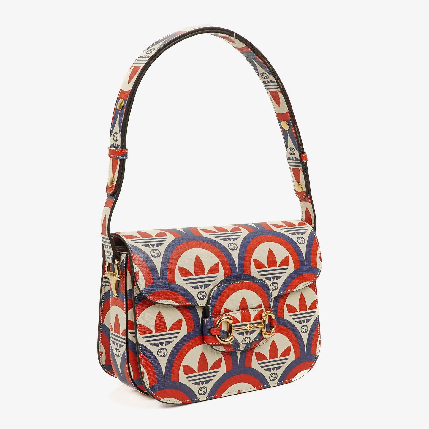 Gucci X ADIDAS Shangai Small Horsebit 1955 Calfskin Web Trefoil Interlocking G Red White Blue Shoulder Bag