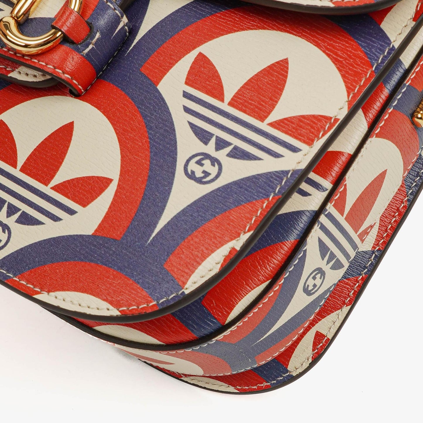 Gucci X ADIDAS Shangai Small Horsebit 1955 Calfskin Web Trefoil Interlocking G Red White Blue Shoulder Bag