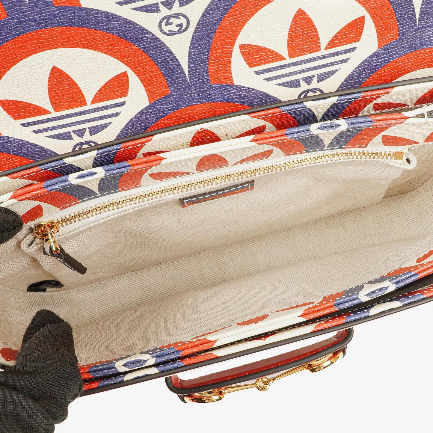 Gucci X ADIDAS Shangai Small Horsebit 1955 Calfskin Web Trefoil Interlocking G Red White Blue Shoulder Bag