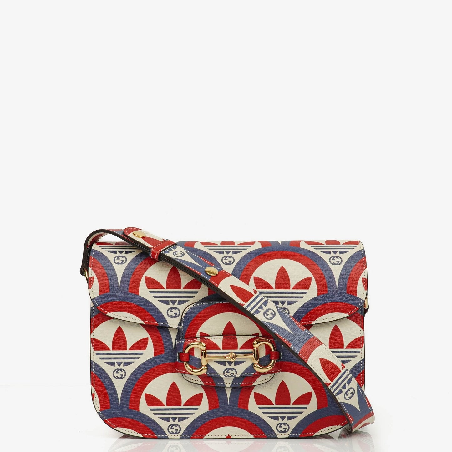 Gucci X ADIDAS Shangai Small Horsebit 1955 Calfskin Web Trefoil Interlocking G Red White Blue Shoulder Bag
