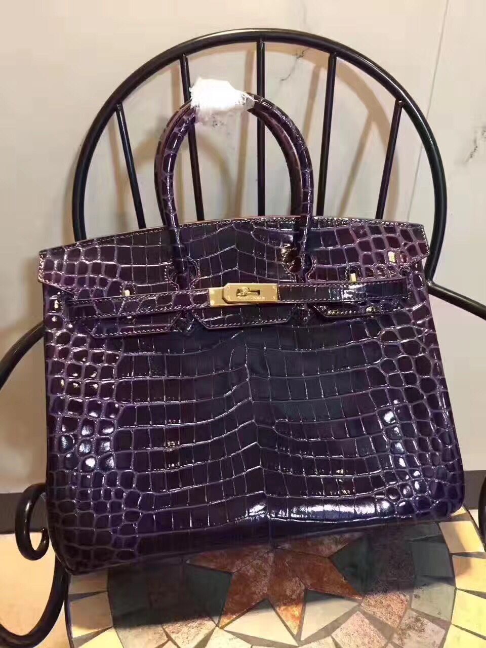 Luxury Hermes Birkin 35cm Crocodile Leather Handbag Dark Purple Gold