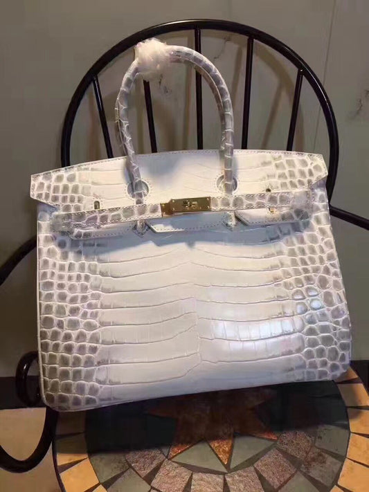 Luxury Hermes Birkin 35cm Crocodile Leather Handbag White Gold