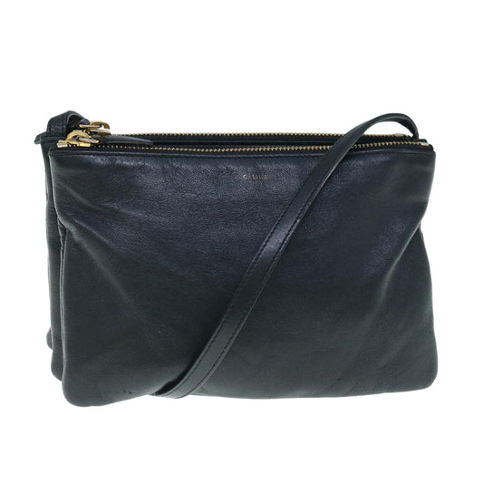 Luxury CELINE Trio Shoulder Bag Leather Black hk1006