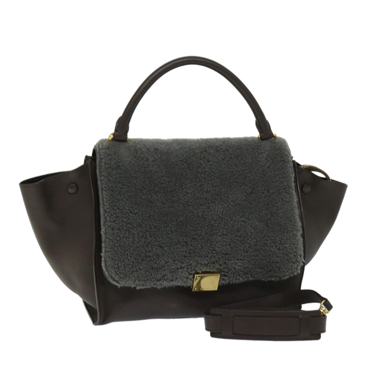 Luxury CELINE Trapeze Hand Bag Leather 2way Brown hk1137