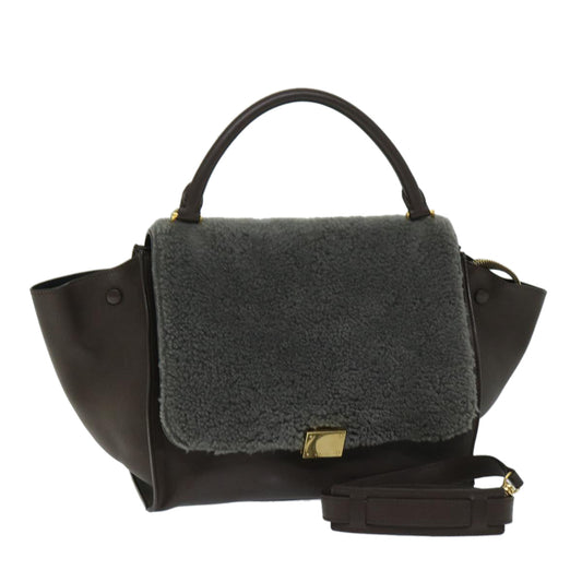 Luxury CELINE Trapeze Hand Bag Leather 2way Brown hk1137
