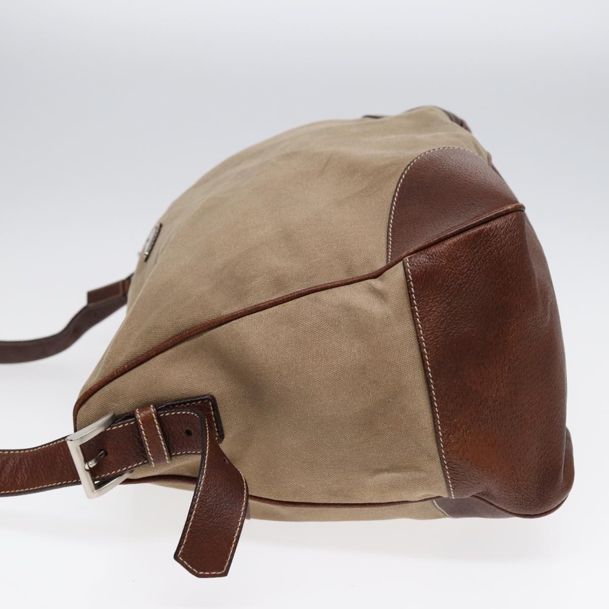 PRADA Shoulder Bag Canvas Leather Beige Brown Silver Auth