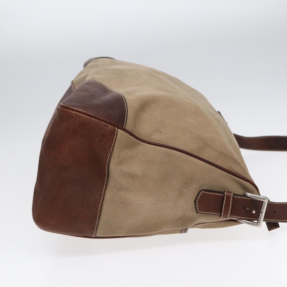 PRADA Shoulder Bag Canvas Leather Beige Brown Silver Auth