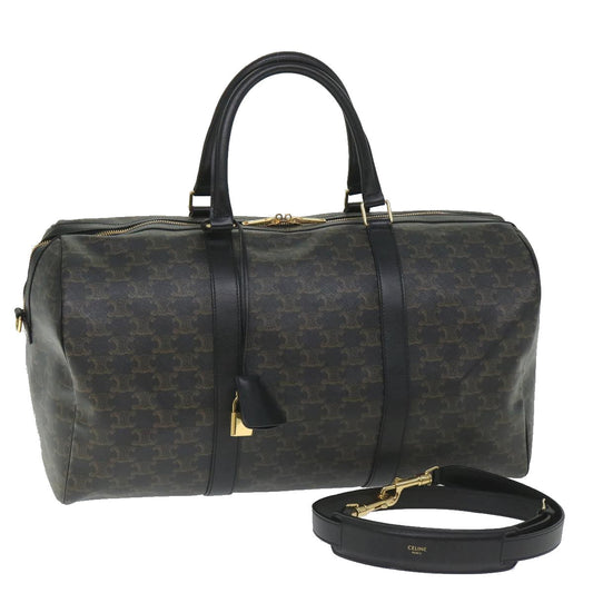 Luxury CELINE Triomphe Canvas Boston Bag PVC Leather 2way Black Auth hk880
