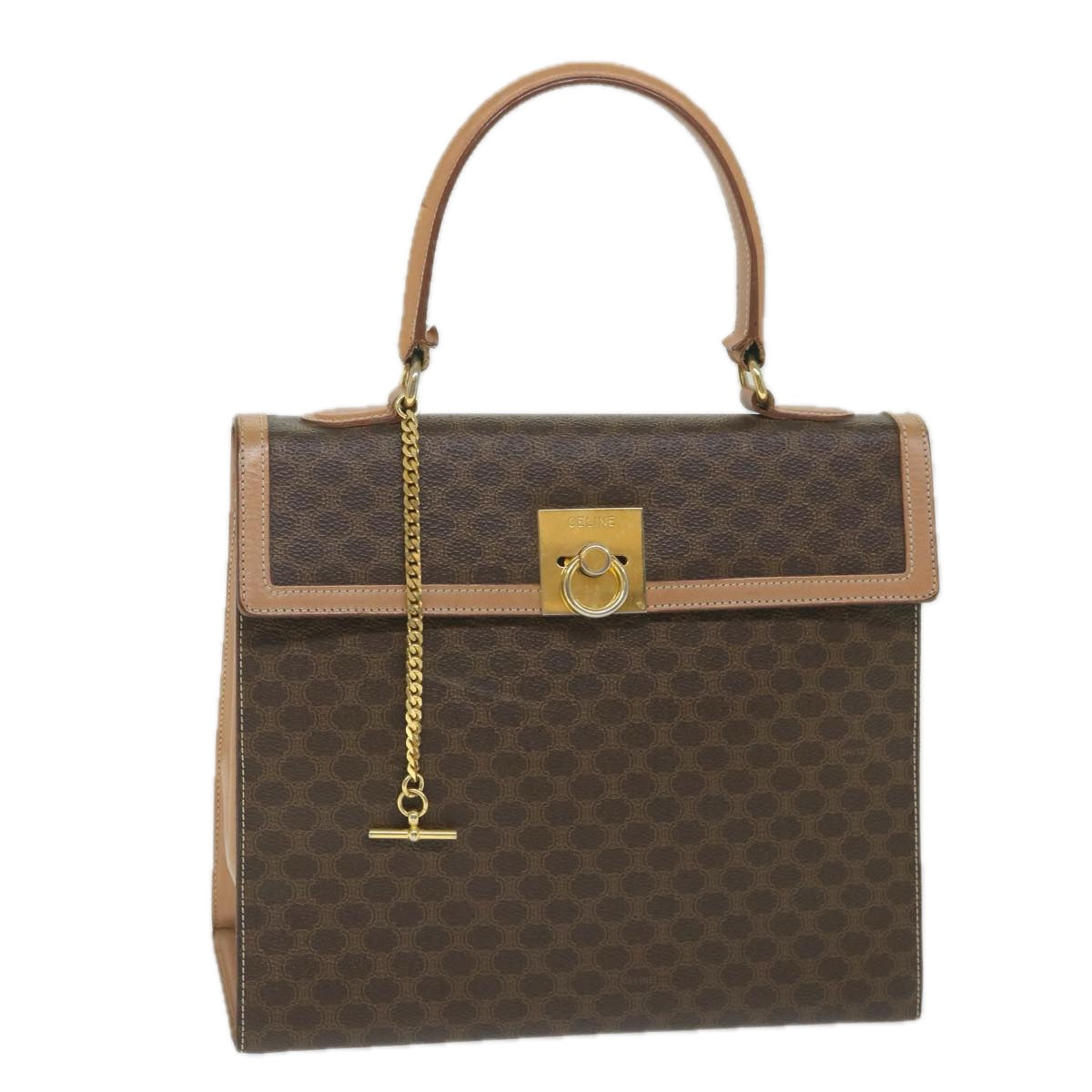 Luxury CELINE Macadam Canvas Top Handle Hand Bag PVC Leather Brown hk911