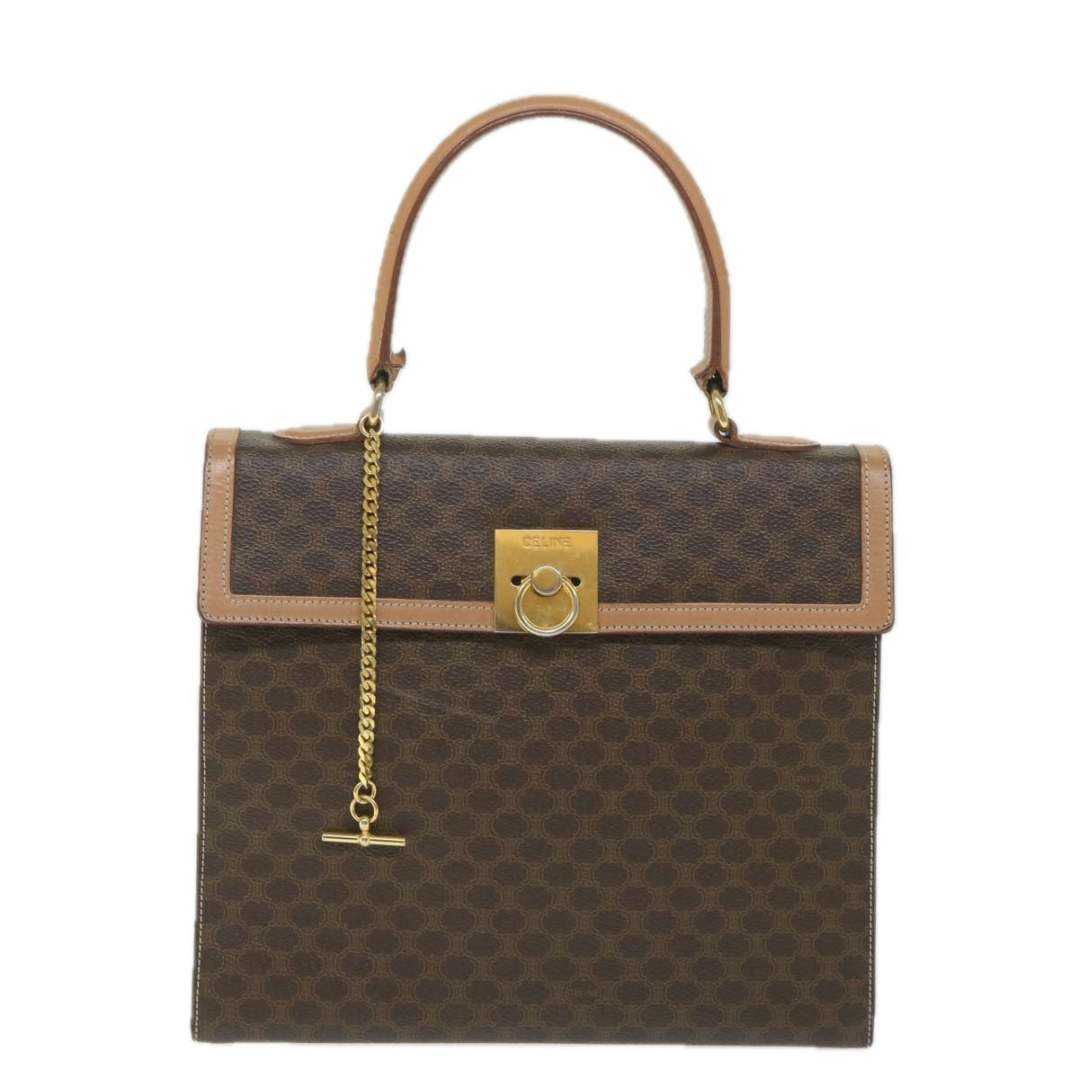 Luxury CELINE Macadam Canvas Top Handle Hand Bag PVC Leather Brown hk911