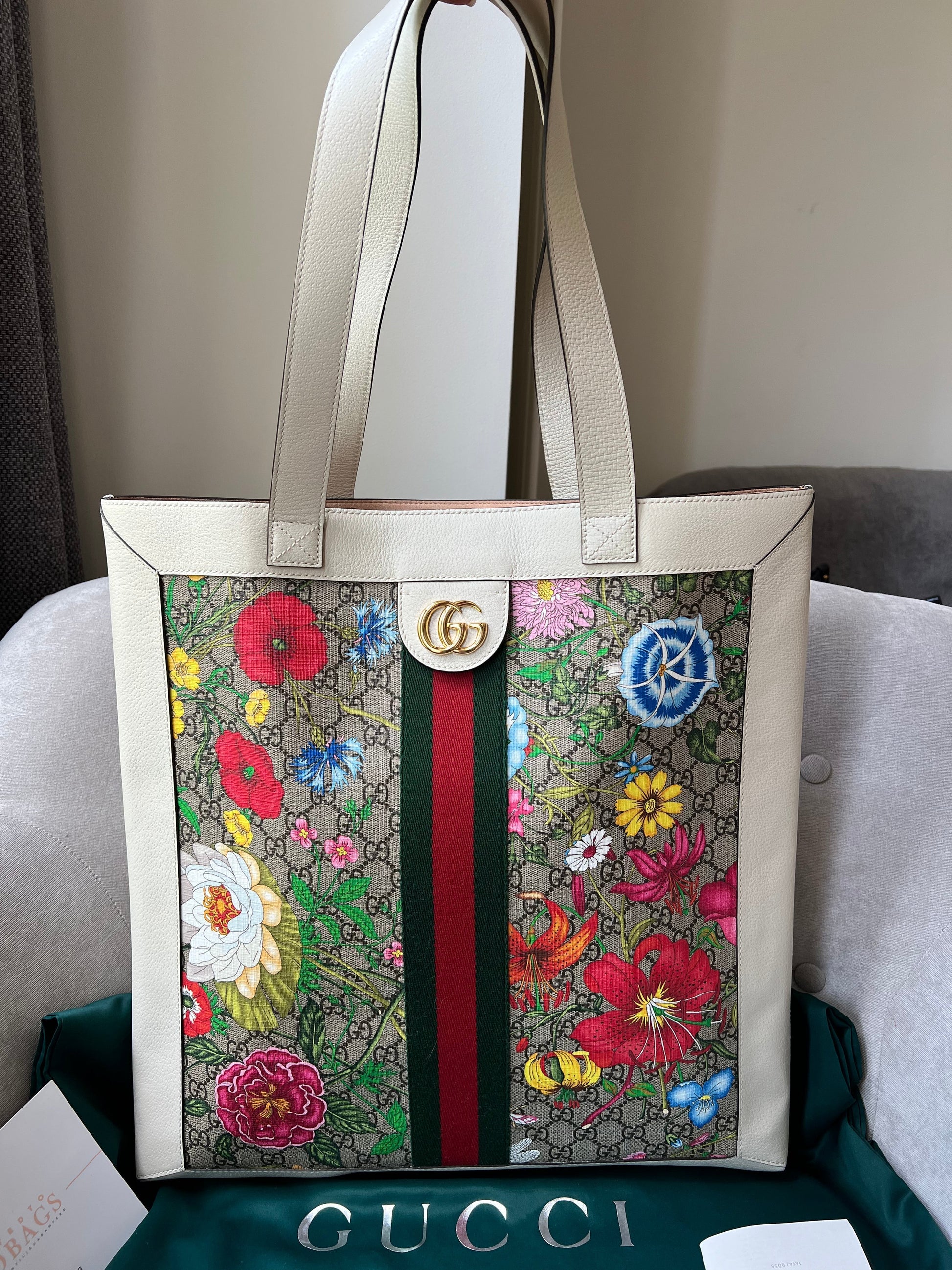 Gucci Ophidia White Leather Canvas Tote