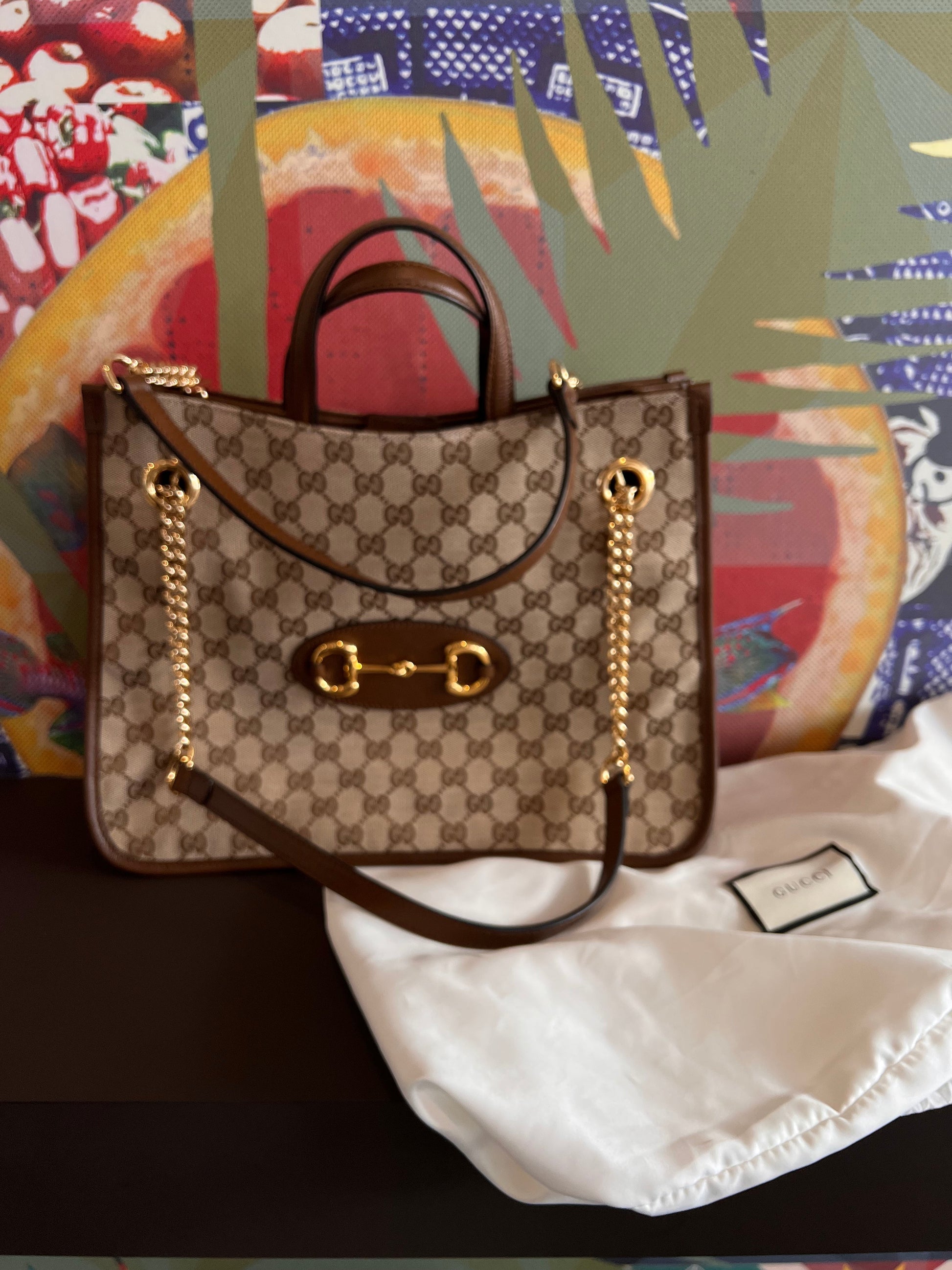 Gucci 1956 horsebit chain tote in monogram canvas and brown leather