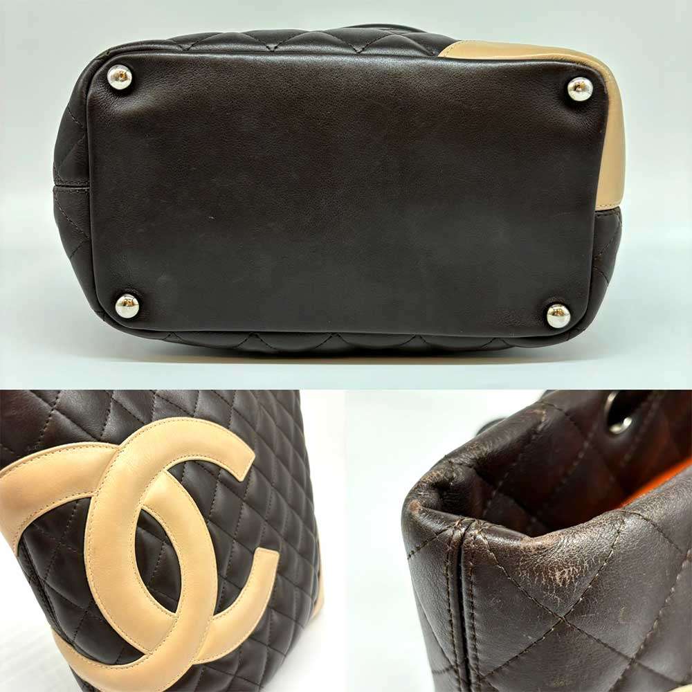 Chanel Cambon Line Leather Tote Bag Dark Brown Beige