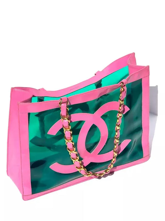 Chanel 1995 Barbie Pink Patent PVC Chunky Chain Tote Bag